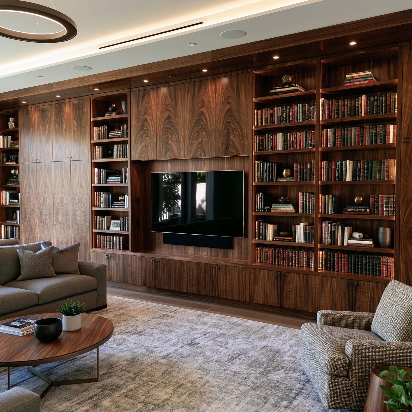 Sculpted walnut library wall